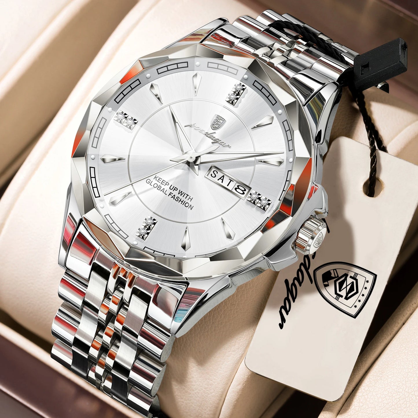 POEDAGAR Top Business Man Wristwatch Waterproof Luminous Luxury Men Clock Date Week Stainless Steel Fashion Men's Quartz Watches