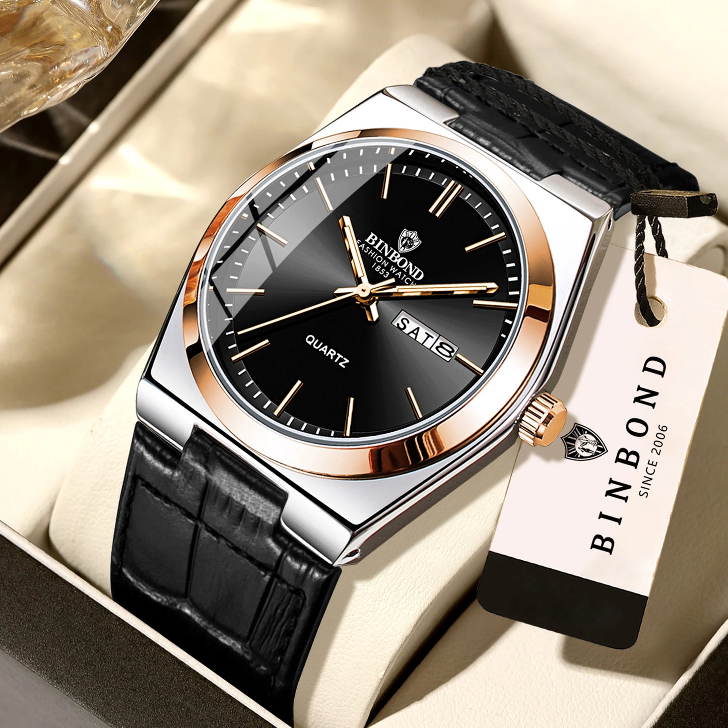 BINBOND Durable Men's Watch Reloj Leather Strap Luxury Quartz Wristwatches Precise Luminous Waterproof Auto Date Week Display