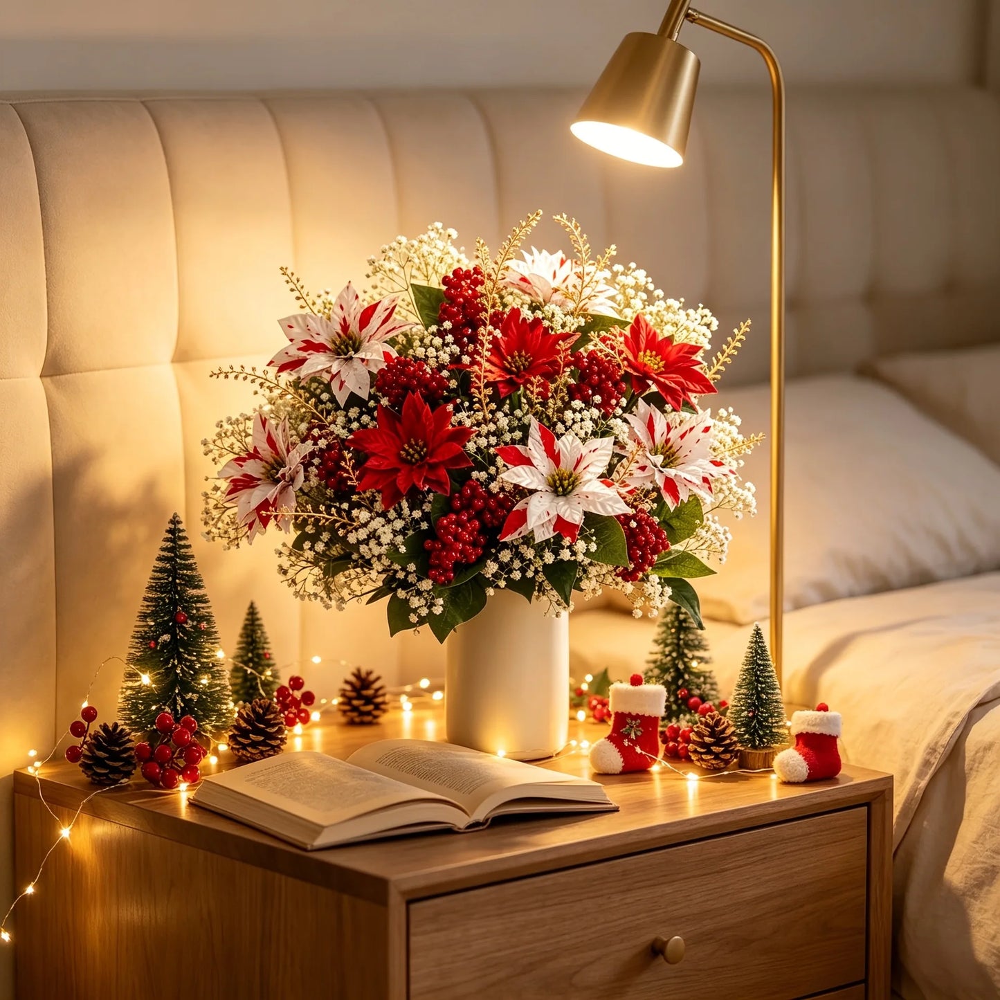 Christmas Red and White Poinsettia Bouquet Artificial Flower Holiday for Fireplaces Stair Railings Dining Tables Xmas Tree Decor