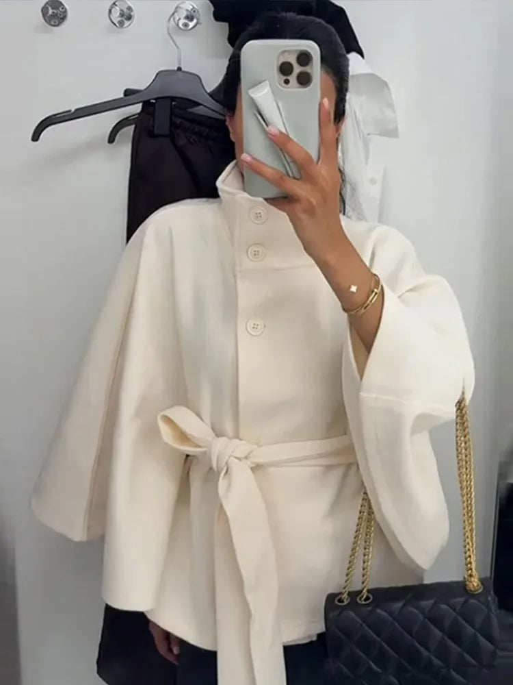 Faux Fur Cloak Jackets Women Loose Standneck Three Button Wide Sleeves Belt Coats Female 2026 Autumn Solid Chic Fashion Outwears