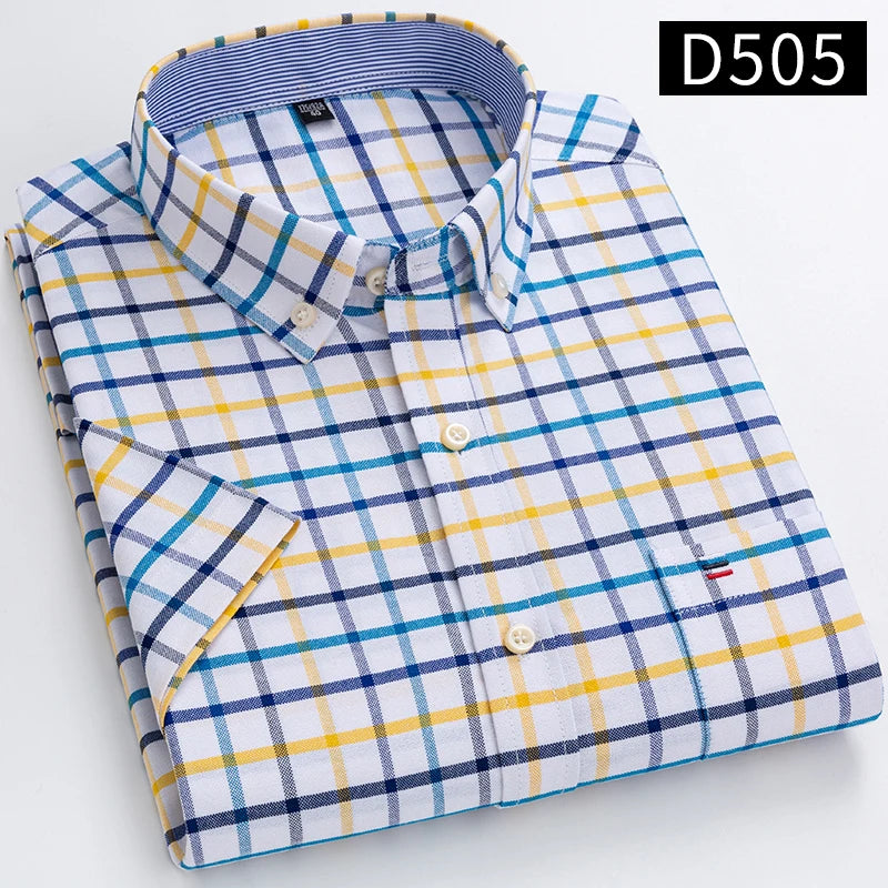 Plus Size 7XL Summer Short Sleeve Shirt 100%Cotton Shirts for Men White Plaid Striped Social Slim Fit Formal Business Clothing