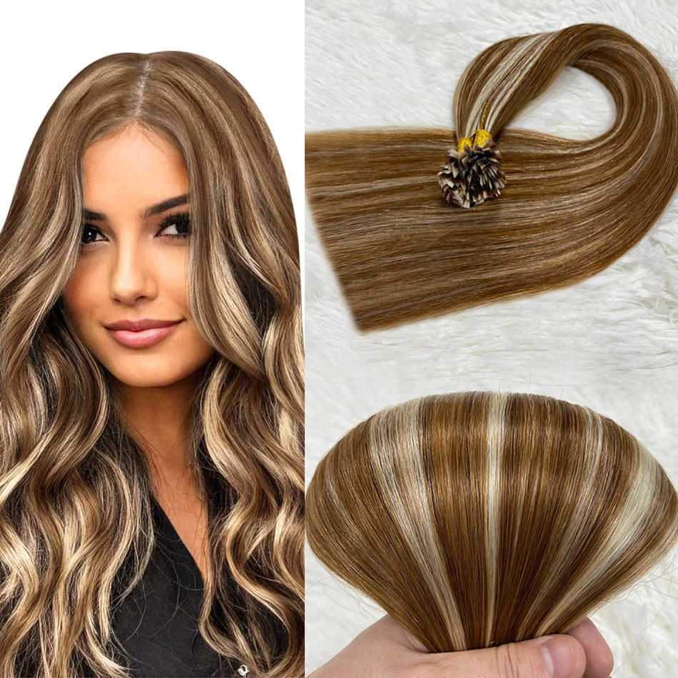 Straight Hair Flat Tip Hair Extensions K Tip Natural 100% Human Hair Fusion Extensions Set Keratin Prebonded Capsule Blonde Colo