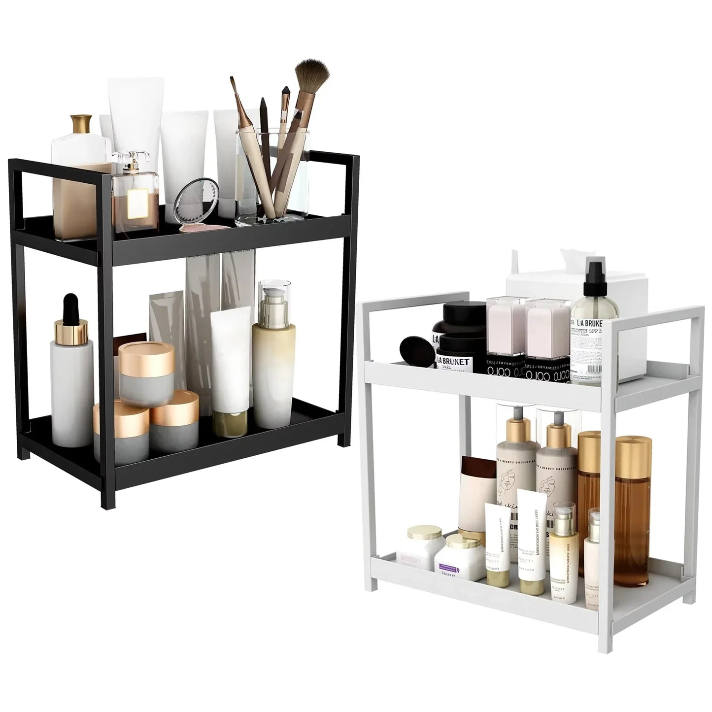 2 Tier Under Sink Organizer Sliding Cabinet Basket Organizer Storage Rack with Hooks Hanging Cup Bathroom Kitchen Organizer