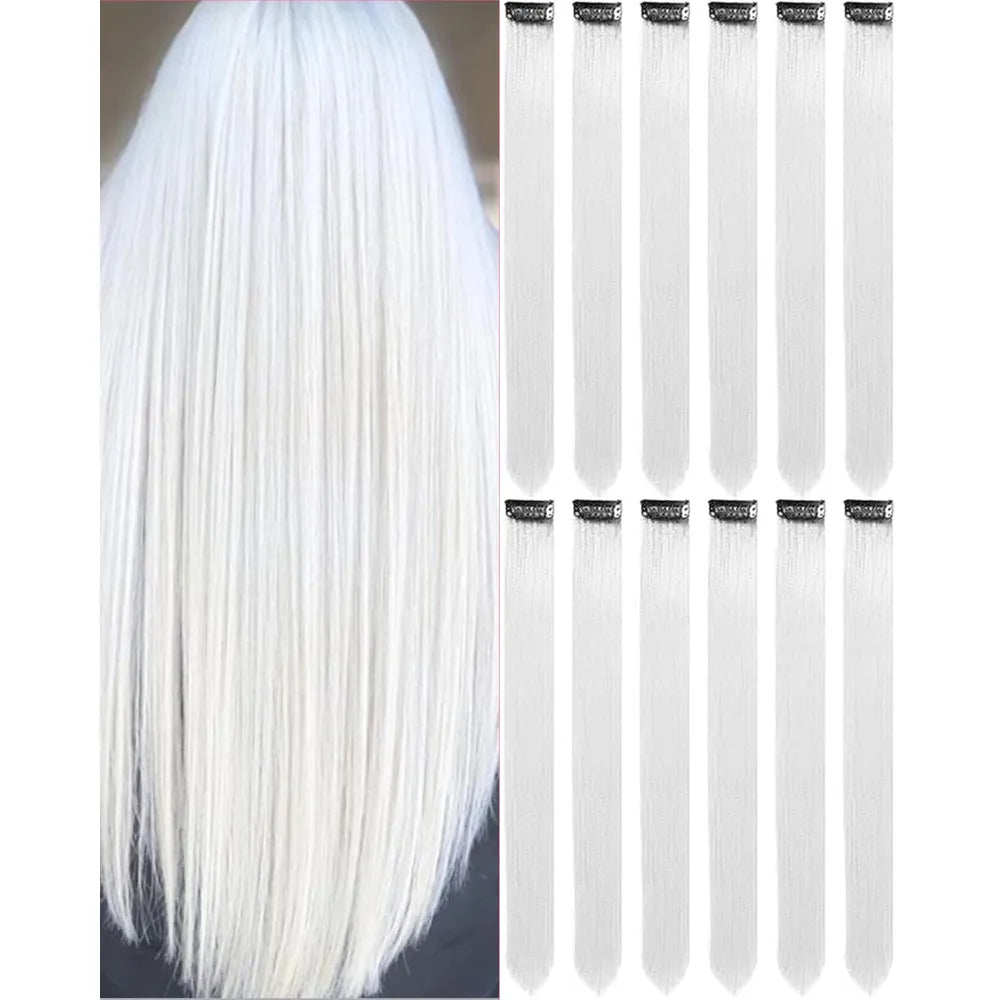 6/12 PCS Hair Extensions Clip, 22in Colored Hair Extensions Party Highlights Long Straight Synthetic Hairpieces for Girls Cospla