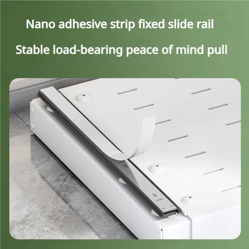 Telescopic Pull Out Cabinet Organizer Heavy Duty Steel Sliding Drawer Shelf No Drill Adhesive Under Sink Storage Basket Slide Out Kitchen Pantry Rack Space Saving Organization