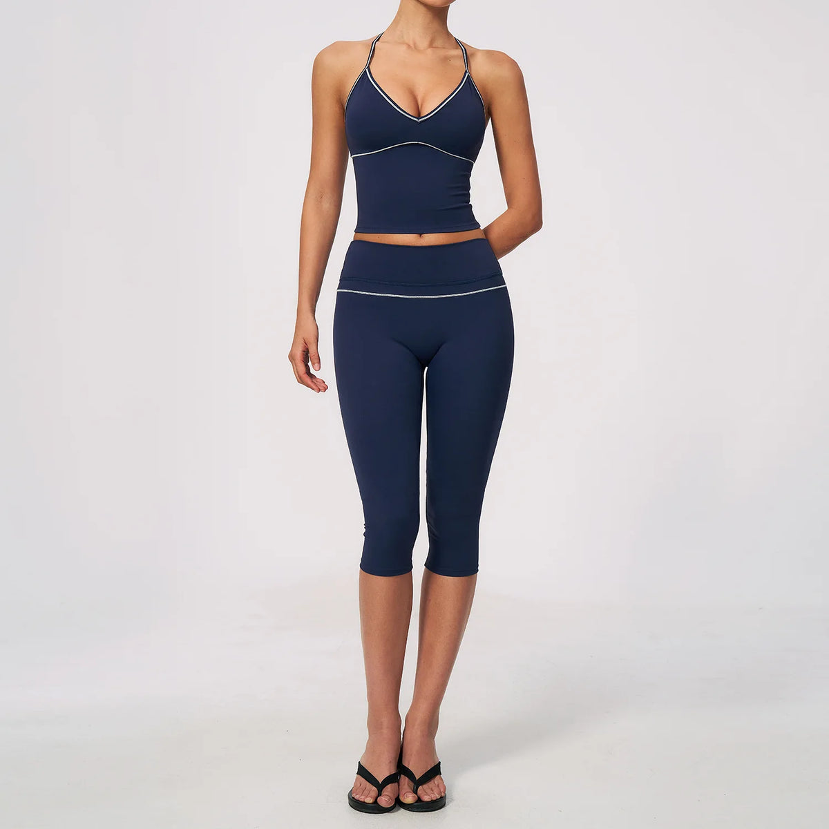 Women 2 Piece Yoga Set V Neck Crop Top and V Back Capri Leggings Butt Lifting Workout Gym Suit Contrast Piping Activewear Female