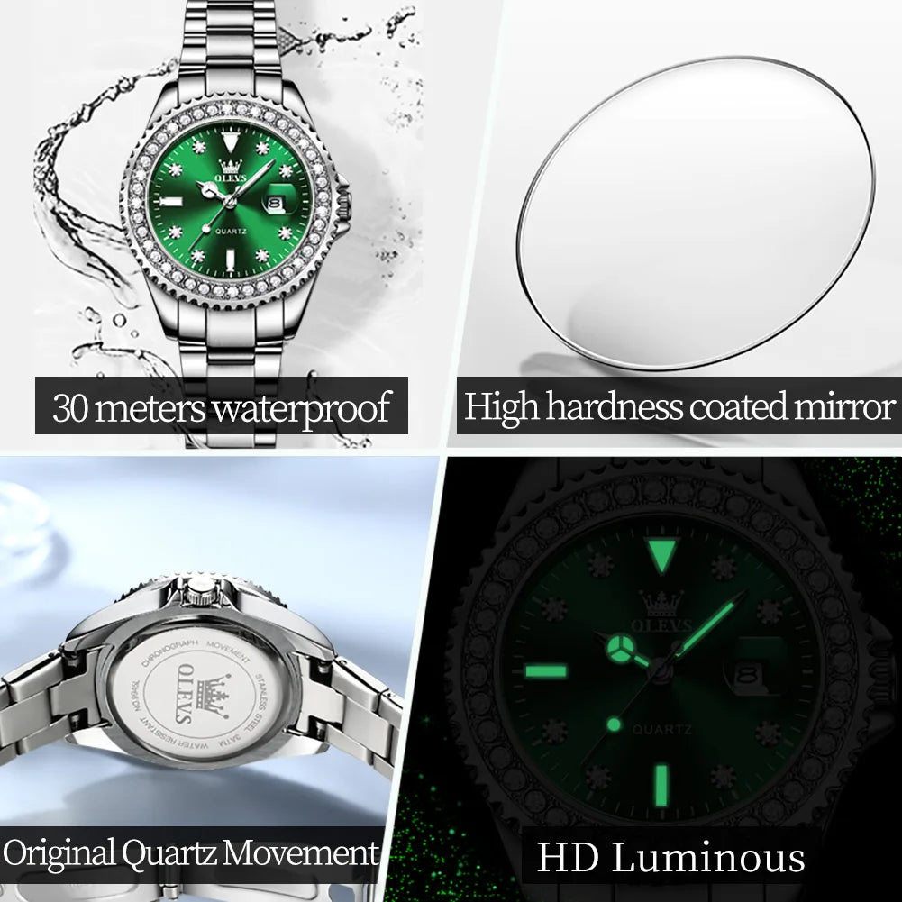 OLEVS Elegant Original Quartz Women's Watch Luxury Diamond Dial Fashion Steel Band Leather Band Waterproof Glow Watch 9945