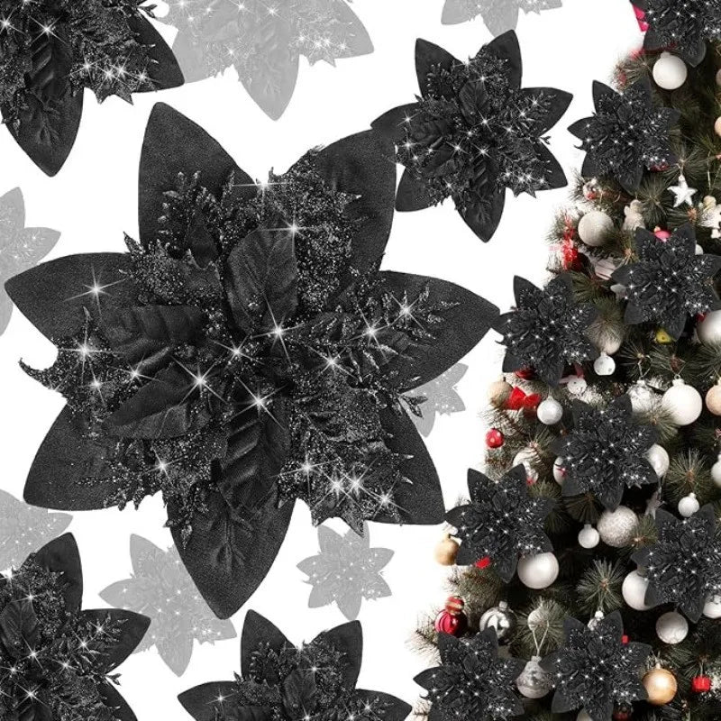 5Pcs Christmas Glitter Poinsettia Flowers Artificial Berry Christmas Tree Ornament for Xmas Wreath Floral New Year 2026 Decor