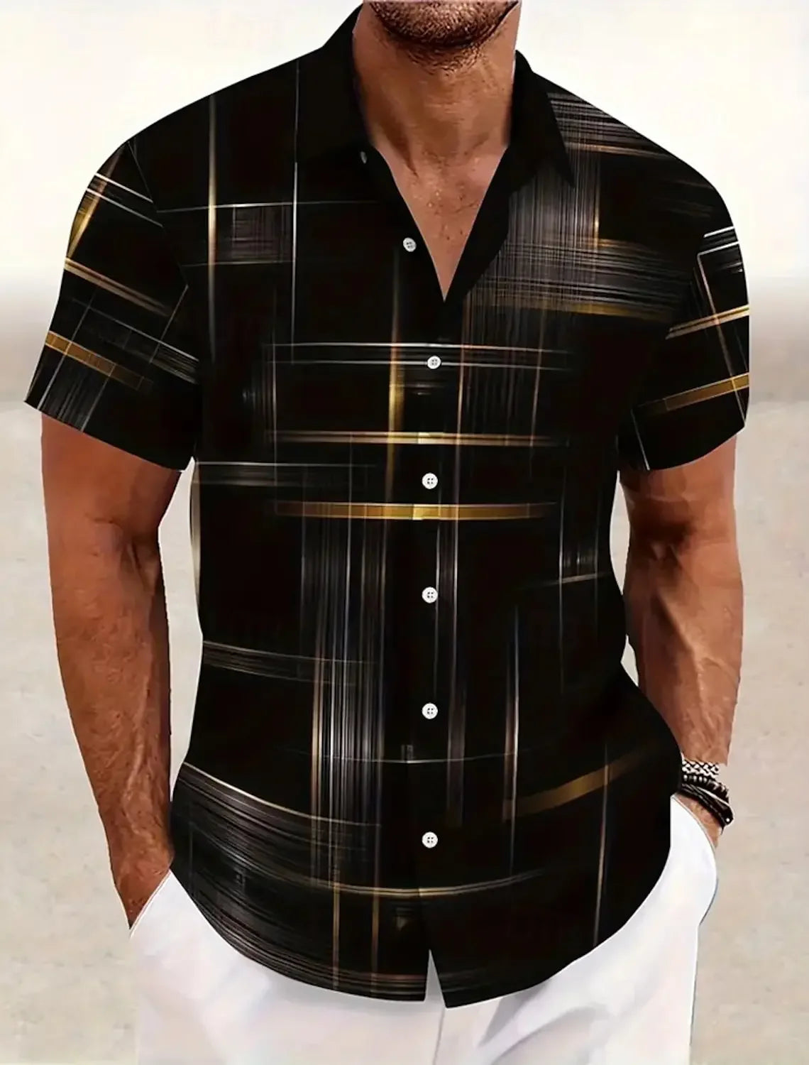 Summer Men's Geometric Grid  Plaid Shirts Short SleeveTurndown Hawaiian Shirt Button Up Shirts No Pockets Shirts