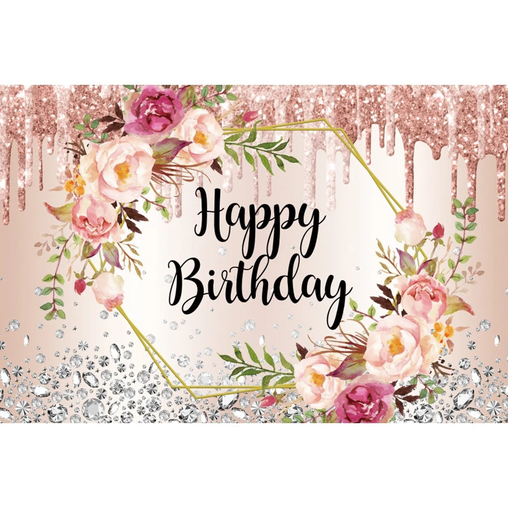 Happy Birthday Backdrop Gold Frame Frame Flower Butterfly Baby Shower Adult Anniversary Birthday Party Photography Background