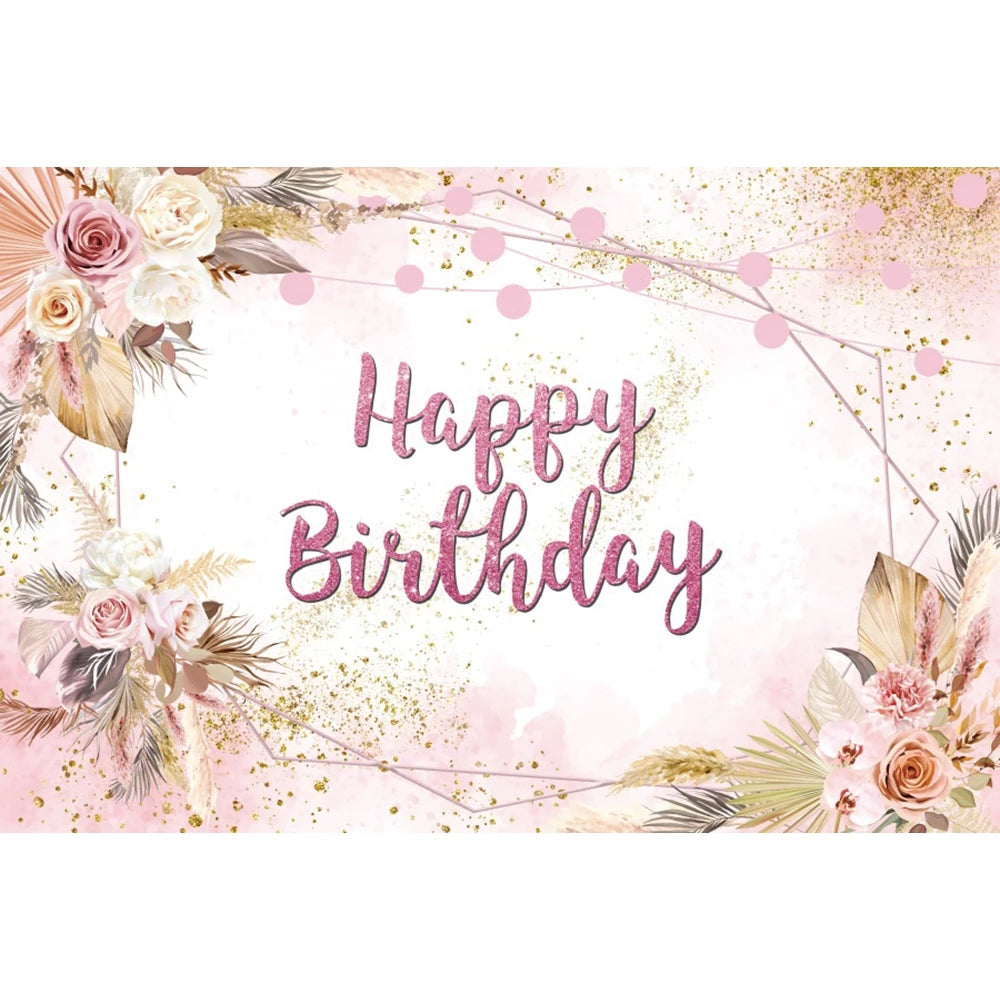 Happy Birthday Backdrop Gold Frame Frame Flower Butterfly Baby Shower Adult Anniversary Birthday Party Photography Background