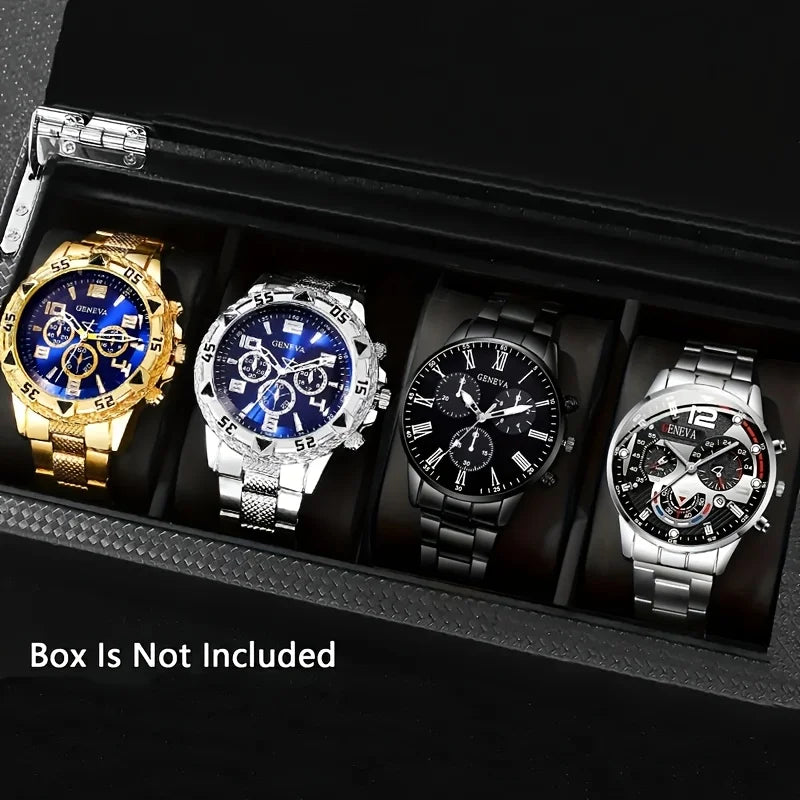 Men's Geneva Watch Set 4 Styles Luxury Chronograph Quartz Wristwatches Stainless Steel Band Business Casual Watch for Men
