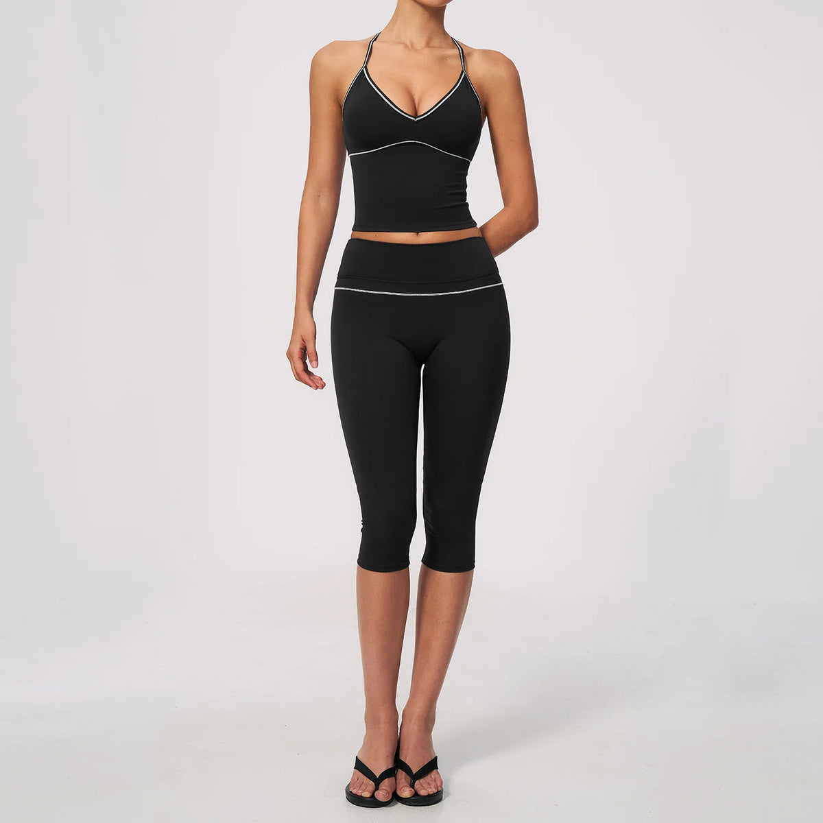 Women 2 Piece Yoga Set V Neck Crop Top and V Back Capri Leggings Butt Lifting Workout Gym Suit Contrast Piping Activewear Female