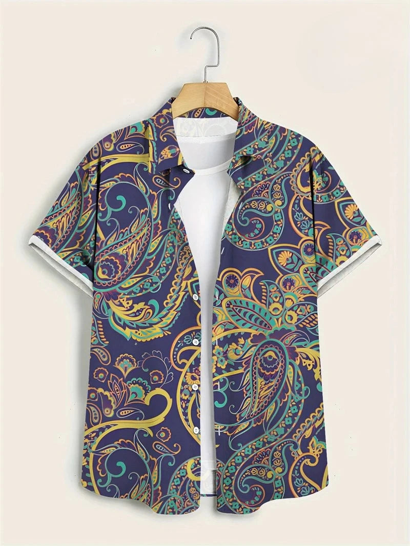Hawaii Shirts for Men 3D Paisley Graphic Short-sleeved T-shirt Casual Lapel Buttons Male Tops Summer Oversized Bohemian Man Tees