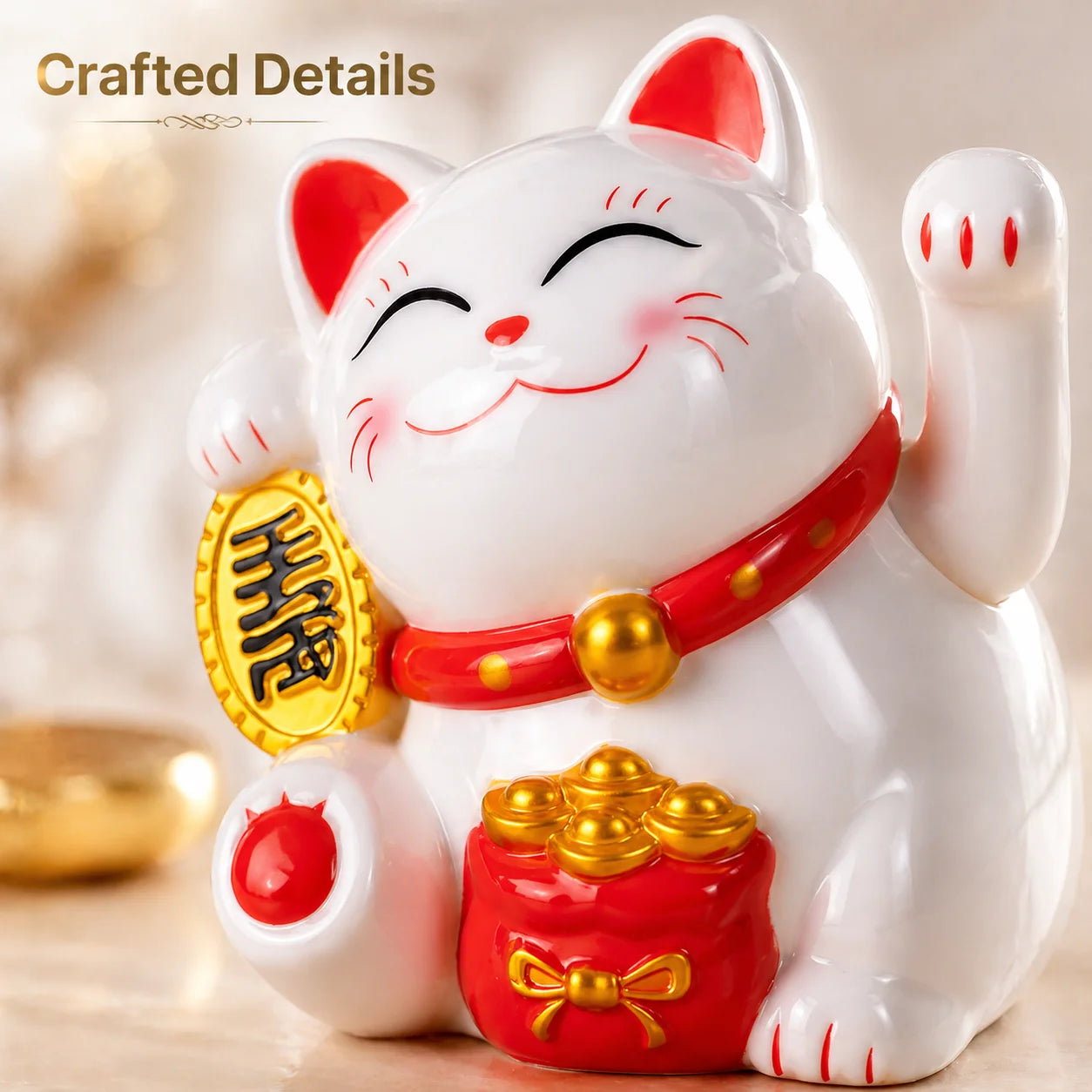 White Solar Maneki Neko | Waving Lucky Cat Figurine | Miniature Home Decor | Solar-Powered, Energy-Saving | Perfect Gift