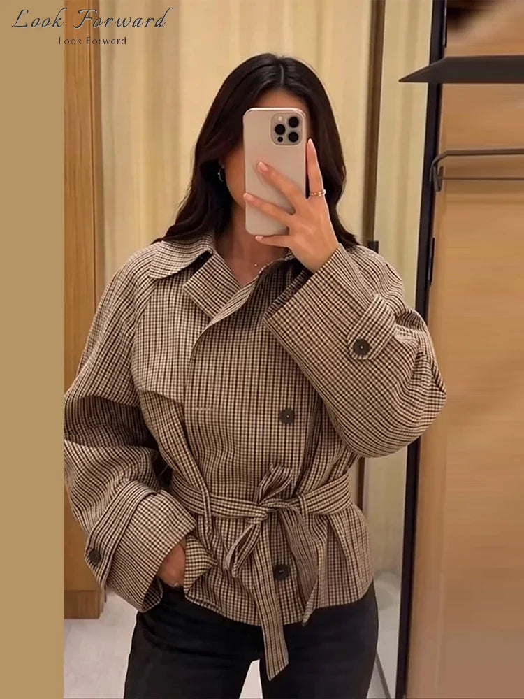 Vintage Plaid Belted Jackets Women Slim Full Sleeves Double-breasted Lapel Cropped Coats 2026 New Ladies Autumn Fashion Outwear