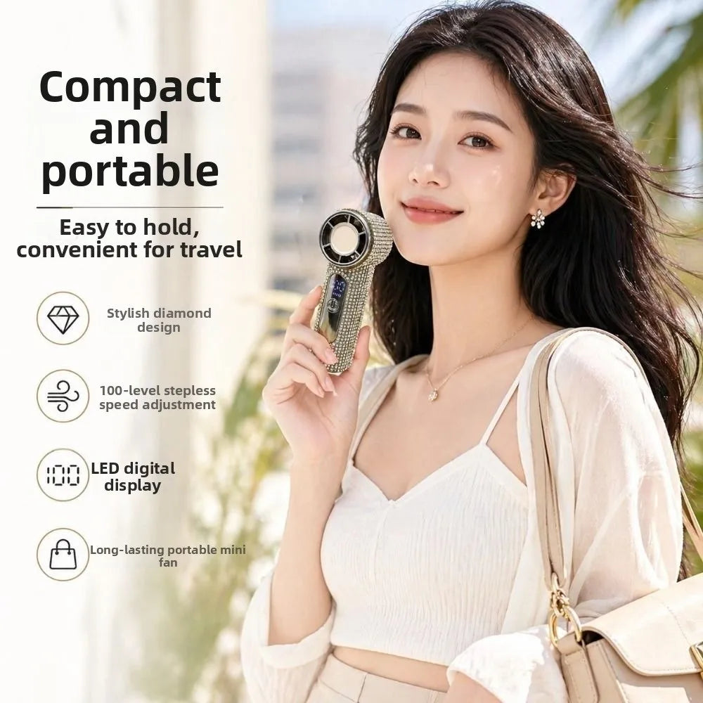Digital Display Rhinestone Handheld Fan Sparkling 100 Gears Portable Hand Fan Quiet Operation Strong Wind Personal Electric Fan