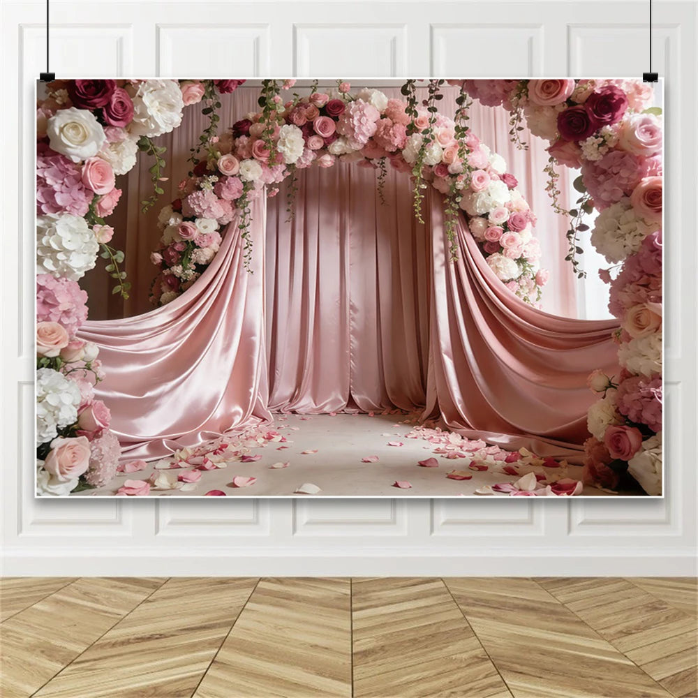 Pink Floral Wedding Backdrop Rose Arch Satin Drapery Photography Background for Bridal Shower Ceremony Photo Booth Decor