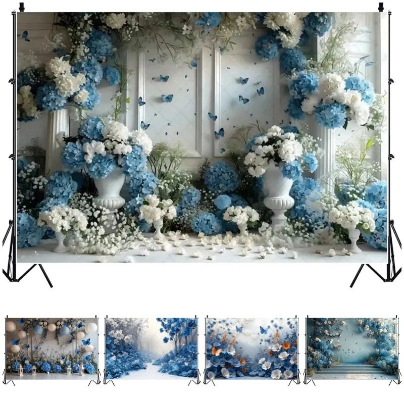 Blue gradual change butterfly wedding photography background custom dream flower portrait photo decoration banner studio supplie