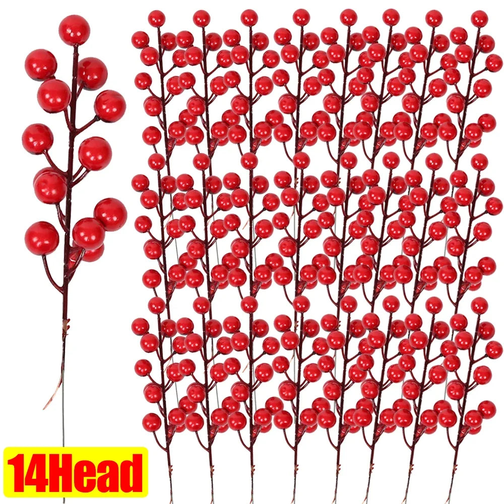 5/100x Artificial Red Berries Branch Fake Flower Holly Berry Simulation Plants Christmas DIY Wreath Xmas Tree Party Decoration