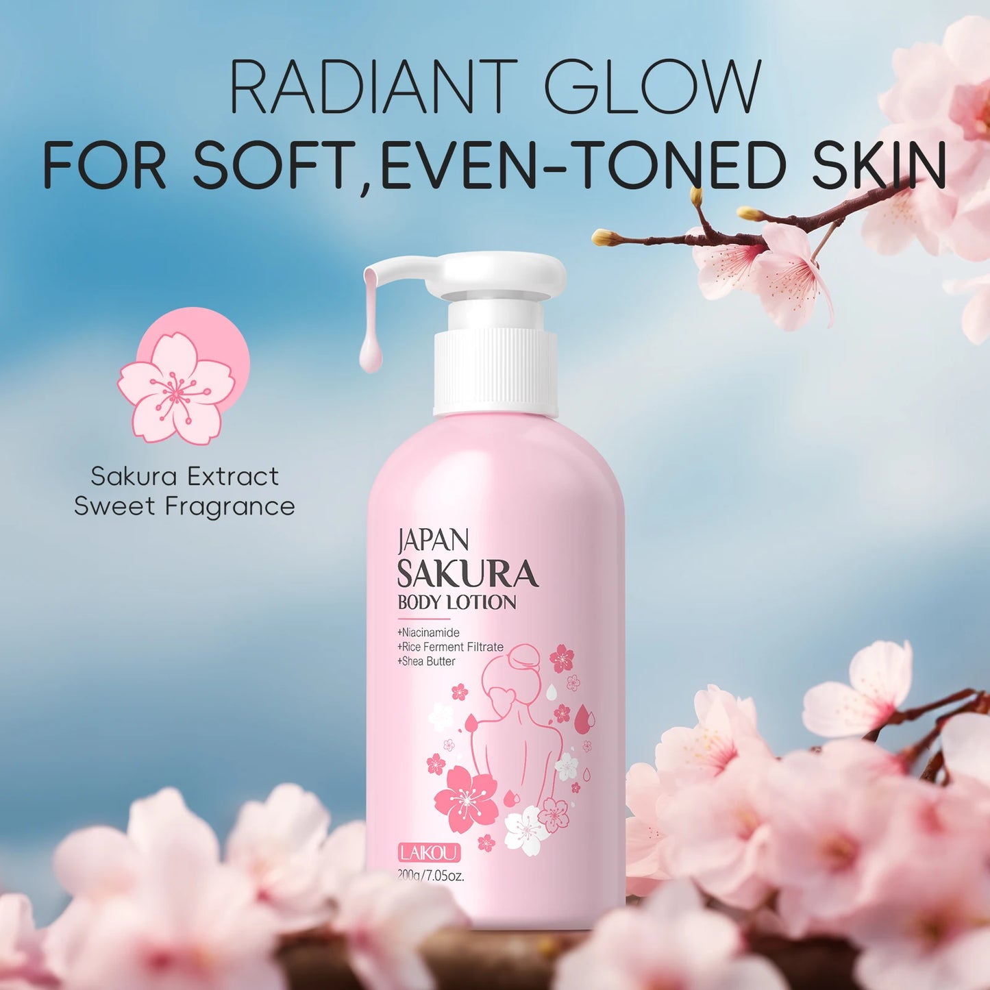 LAIKOU Japan Sakura Body Lotion Nourishing Body Moisturizer Fragrant Body Cream Soft Smooth Skin Treatment 200g
