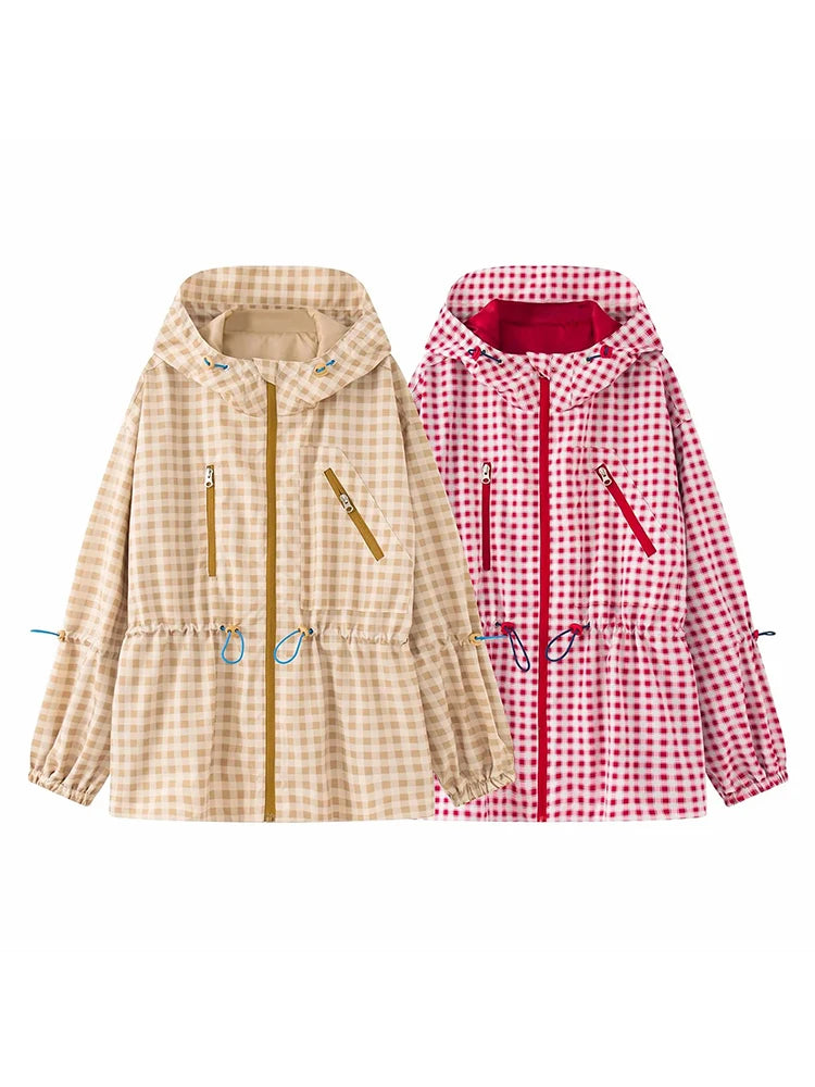 Women Plaid Hooded Drawstring Waist Cinching Jacket Women Loose Long Sleeve Zipper Jackets Fashion Female Street Outwear