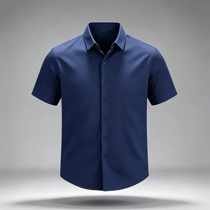 Mens Wrinkle Free Non Iron Silky Stretch Short Sleeve Dress Shirts Standard Point Collar Full Button Summer Office Formal Tops