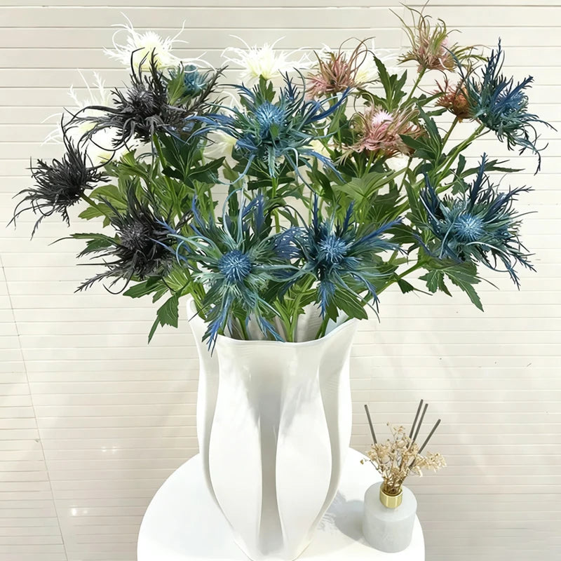 Simulation Plastic Flower Sea Holly 3 Head Thorn Celery Artificial Plants Leaf Home Wedding Christmas Floral Arrangement Bouquet