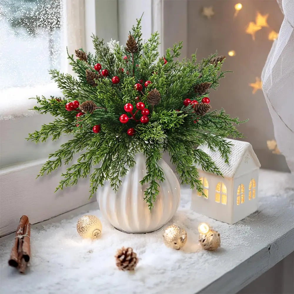 30pcs Christmas Artificial Pine Branches Red Berry Stems Pine Cones Greenery Picks for DIY Wreath Garland Xmas Home Decoration
