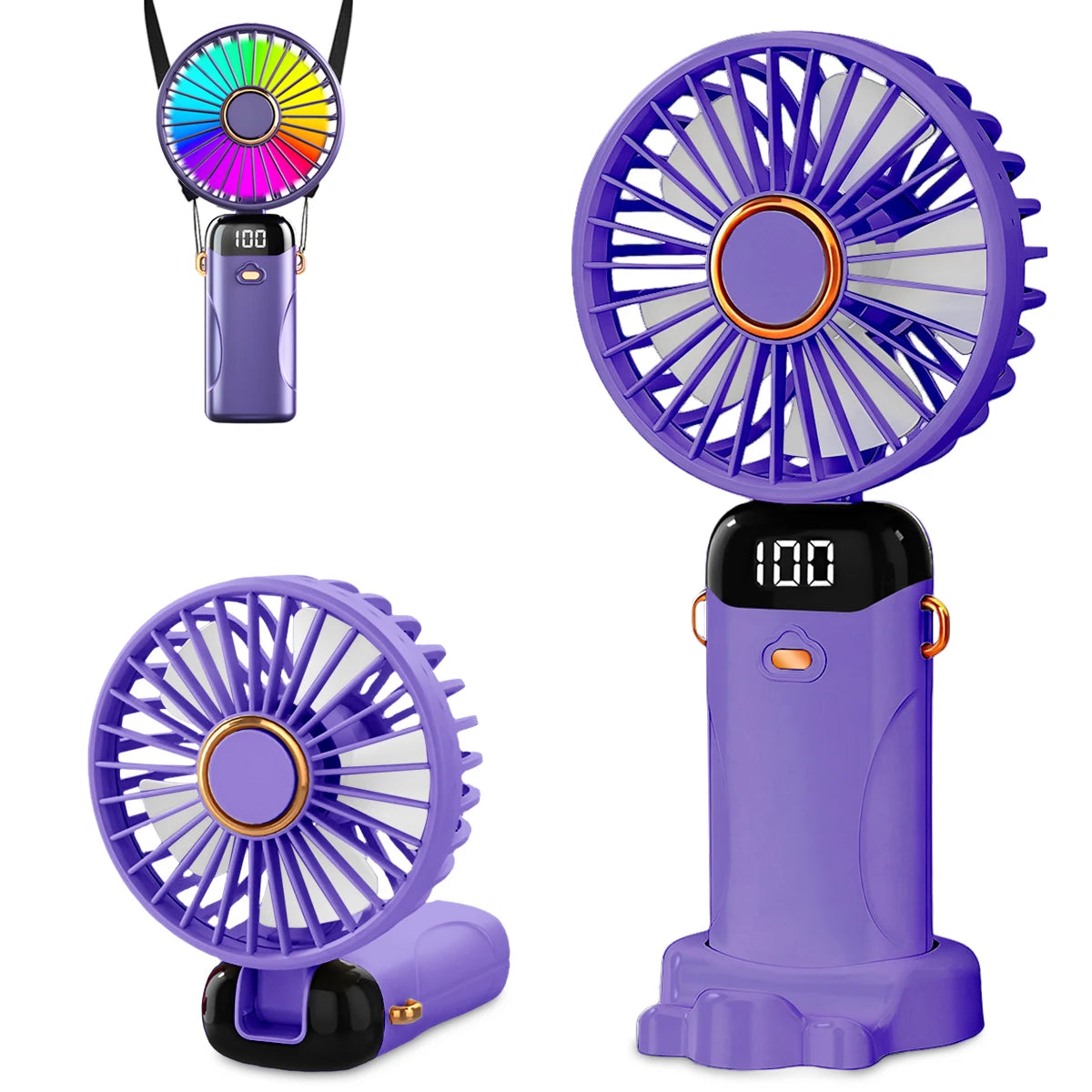 USB Rechargeable Handheld Fan 1200mAh 6 Speeds Foldable LED Light Blade Portable Mini Fan Personal Cooler for Home Gift