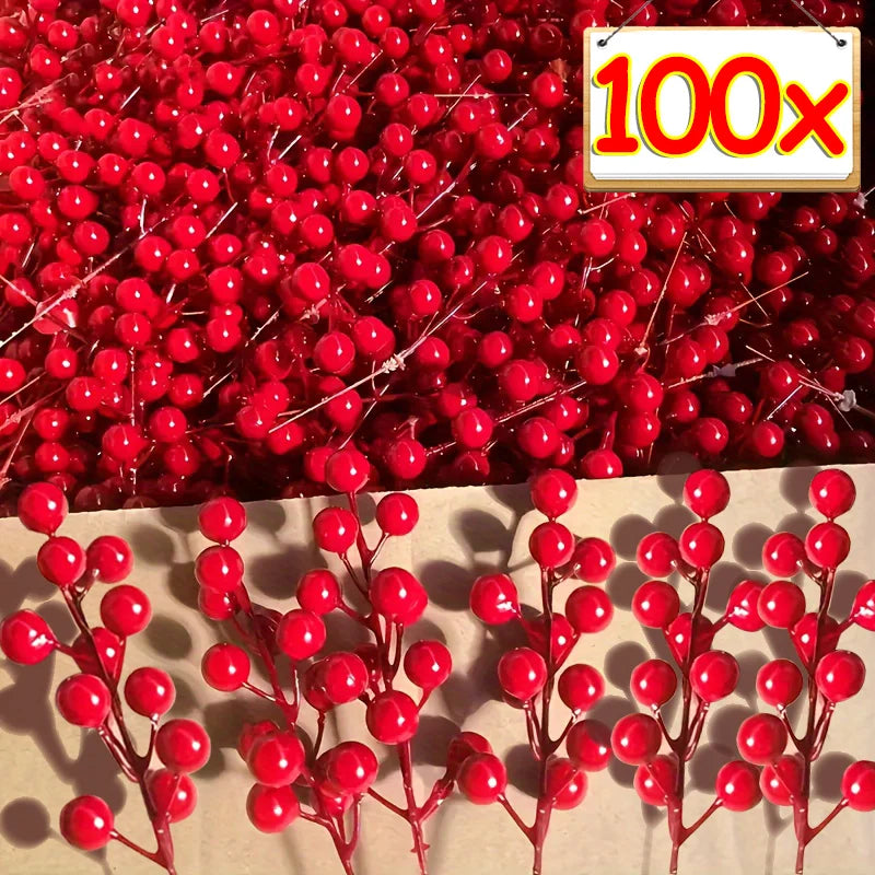 5/100x Artificial Red Berries Branch Fake Flower Holly Berry Simulation Plants Christmas DIY Wreath Xmas Tree Party Decoration