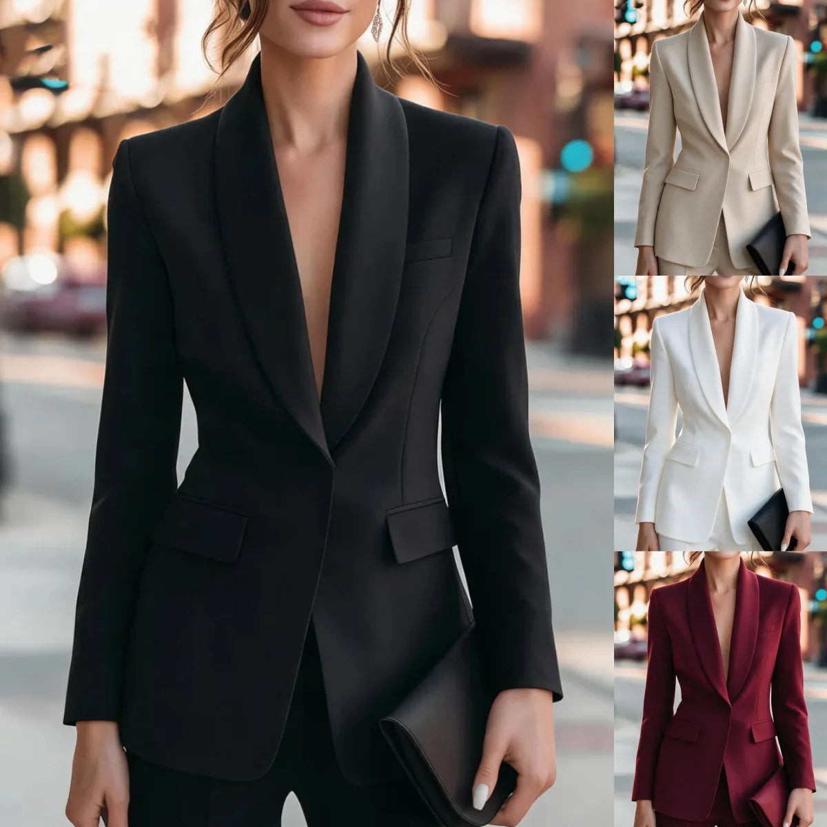 Women Formal Blazer Jacket Shawl Lapel Deep V Neck Shoulder Pad Long Sleeve Slim Office Business Coat