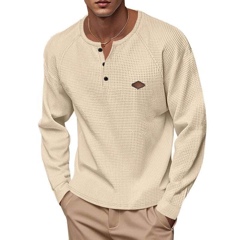 Mens Waffle Texture Henley Neck Long Sleeve Top Raglan Sleeve Leather Label Decor Loose Casual Solid Color Daily Pullover Shirts