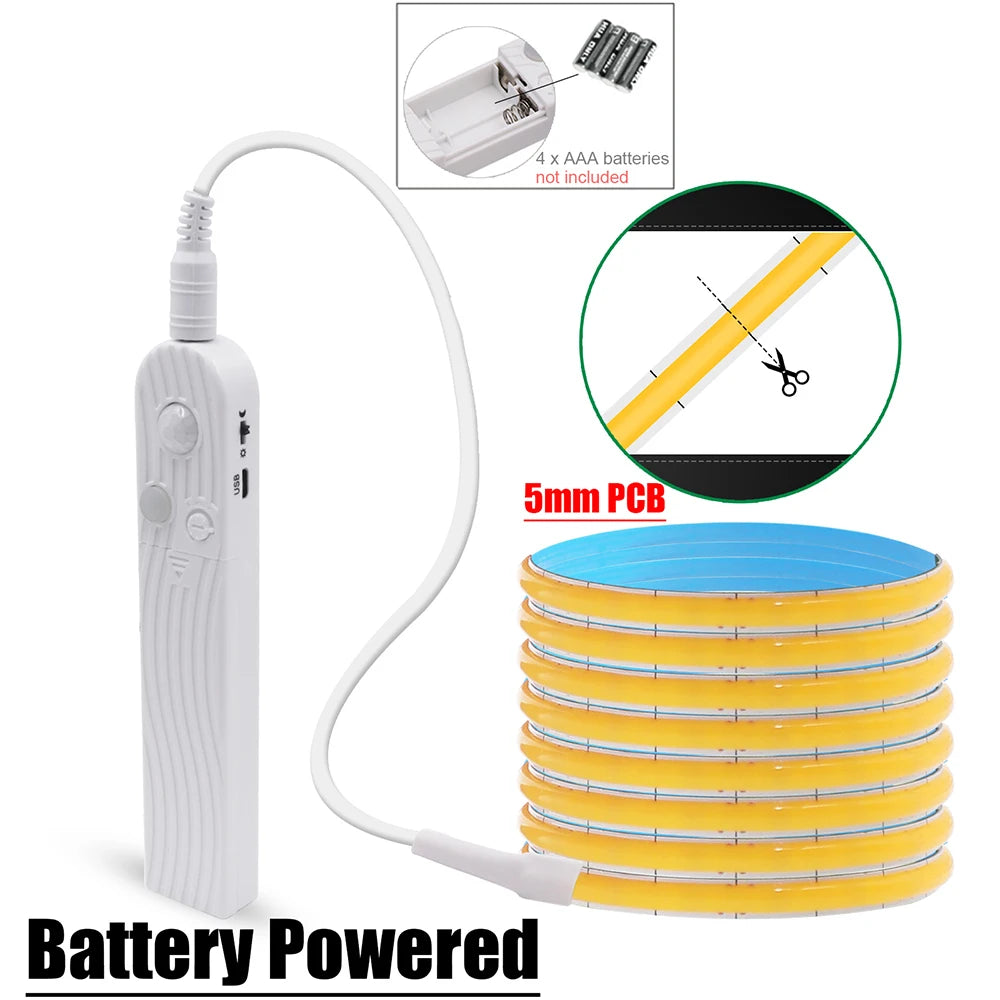 5V Motion Sensor Nigth Light COB Led Strip USB Battery Power 3mm 5mm 8mm PCB 320 LEDs Flex Lamp for Under Cabinet Kitchen Stairs