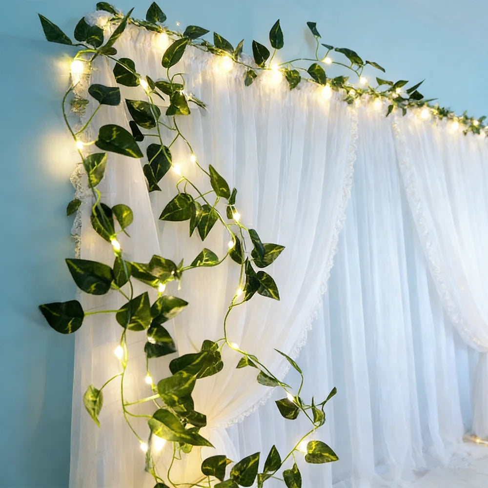 Green Leaf String Lights 5/10M Artificial Ivy Vine Fairy Light Wedding Party Decoration Christmas Home Decor Wall Plant