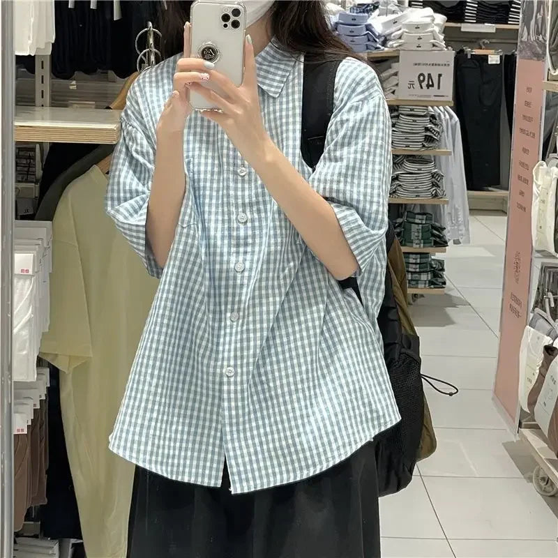 Plaid Shirts for Women Youthful Commuting Fresh Pocket Summer Autumn Short Sleeve Tops Tender Hipster Vintage American Style