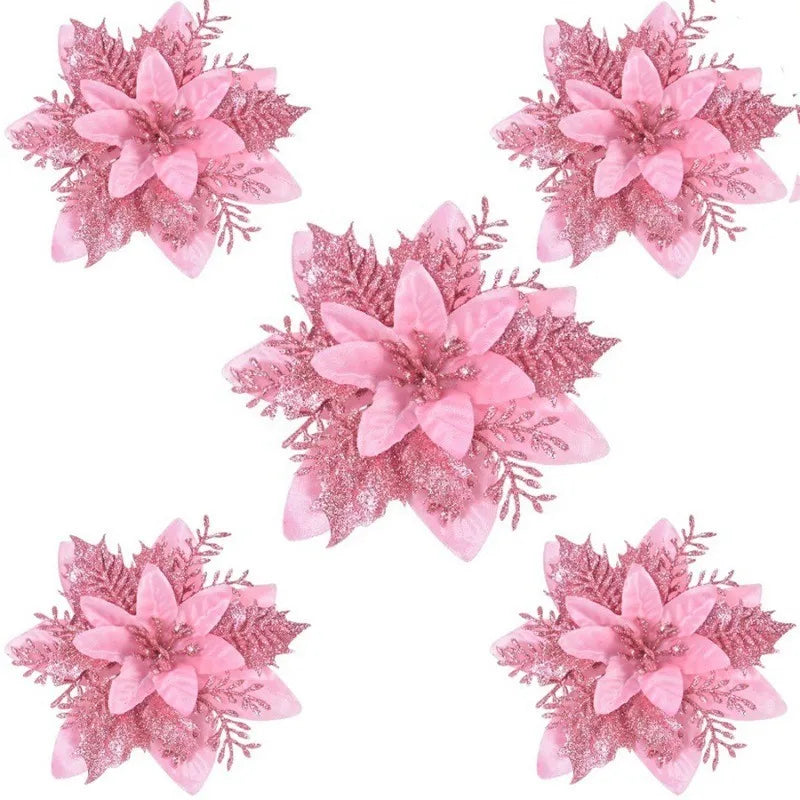 5Pcs Christmas Flowers Glitter Flowers Artificial Berry Christmas Tree Decorations Ornaments Xmas Party Wreath Floral Home Decor