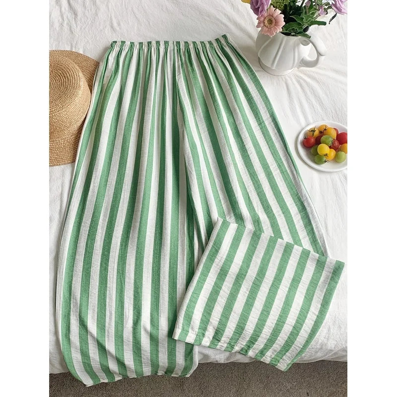 New fashion stripe trousers  Stylish lady Women'S Long Striped Drawstring high Waist Comfortable Loose Wide-Leg Pants
