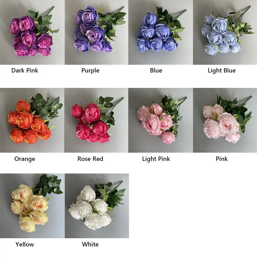 Multicolor Rose Artificial Flower 9 Heads Green Leaves Lifelike Flowers Desktop Ornament Photo Props Flower Bouquet Gift