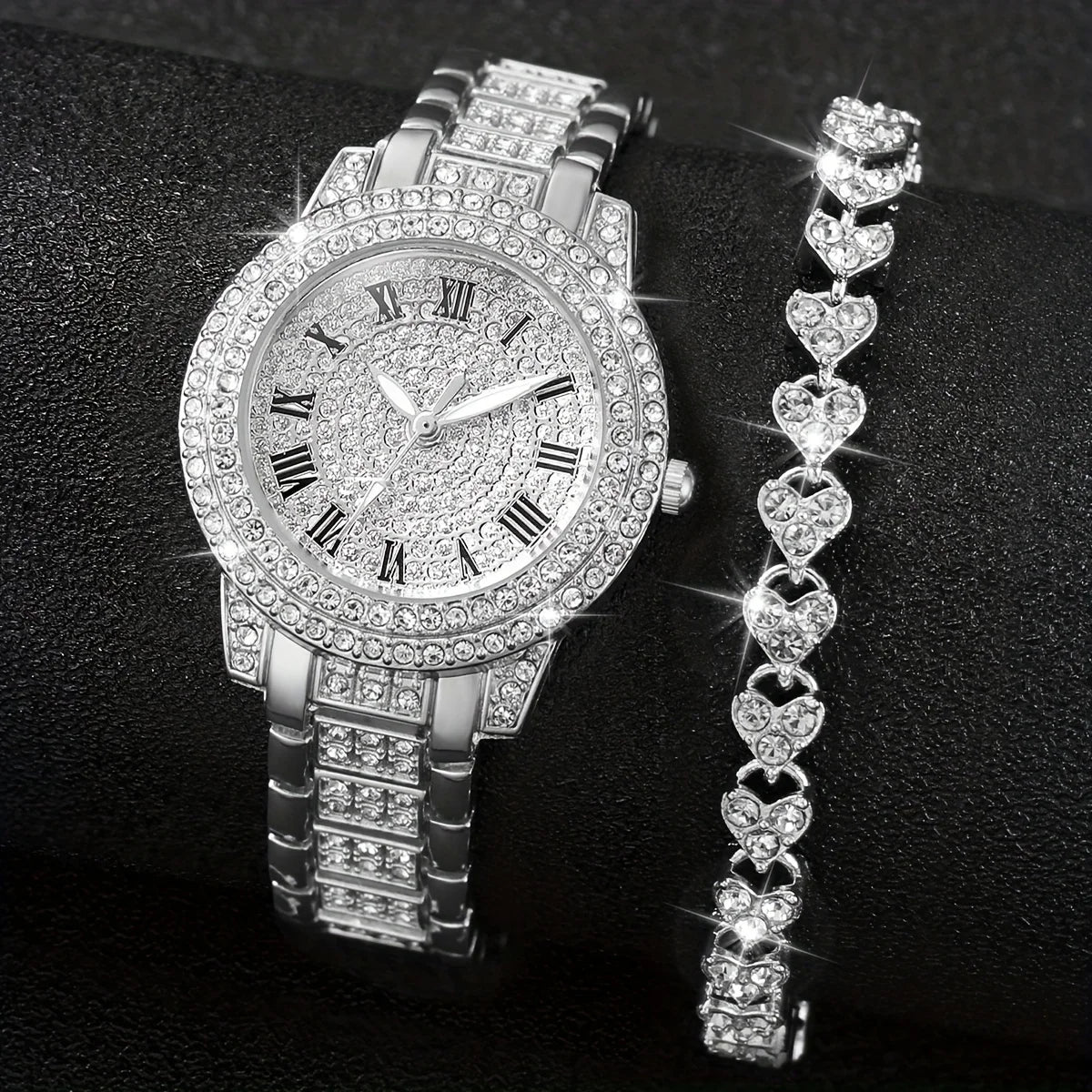 2PCS/Set Women's Watch Luxury Rhinestone Stainless Steel Quartz Watch Heart Bracelet Set(Without Box)
