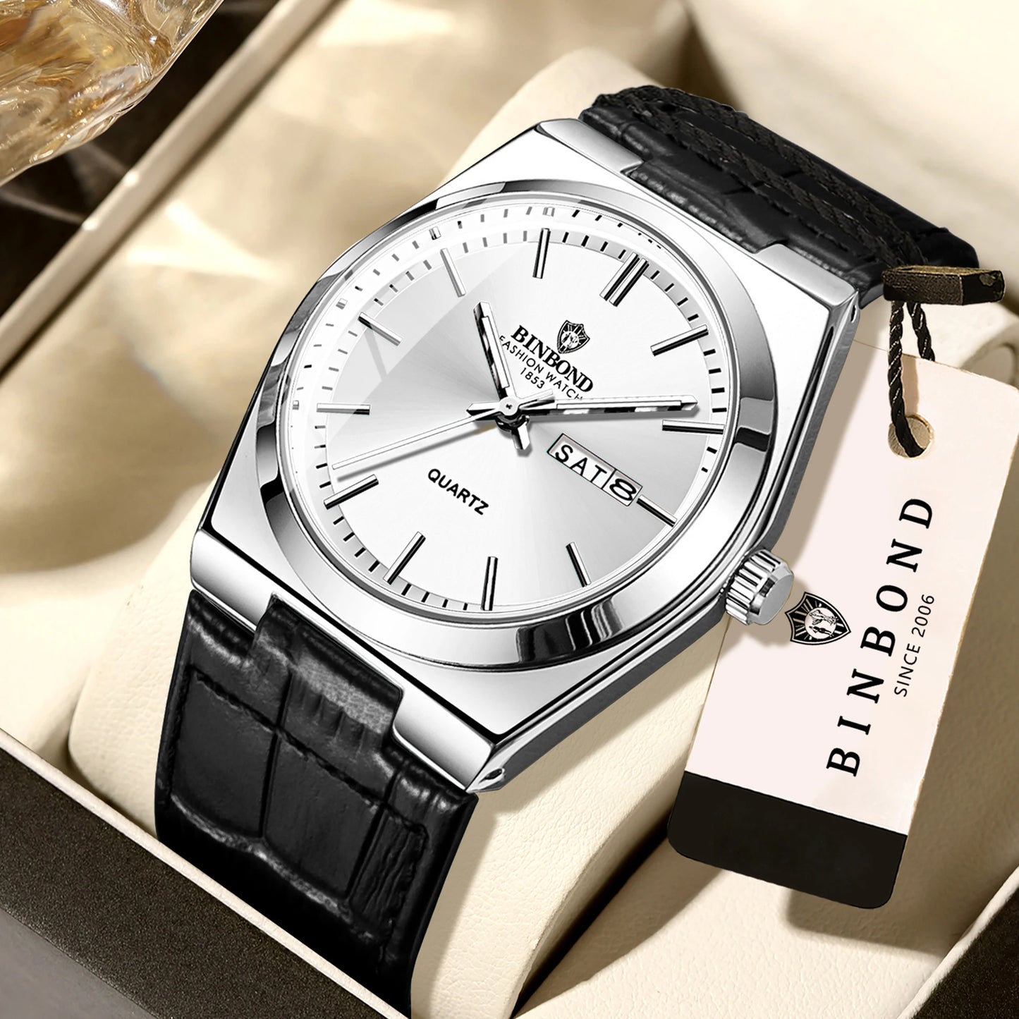 BINBOND Durable Men's Watch Reloj Leather Strap Luxury Quartz Wristwatches Precise Luminous Waterproof Auto Date Week Display