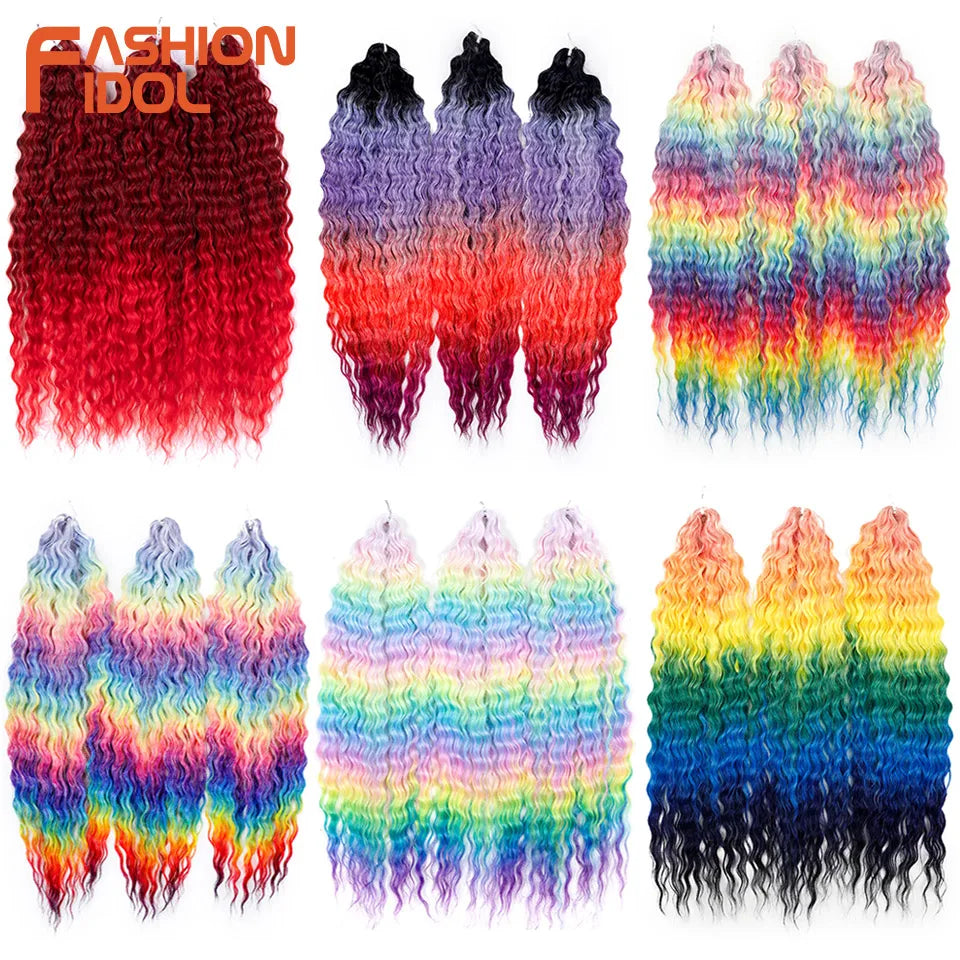 LOVE ME 22 Inch 300g/3pcs Ariel Curl Hair Water Wave Twist Crochet Hair Synthetic Ombre Rainbow Color Braiding Hair Extensions