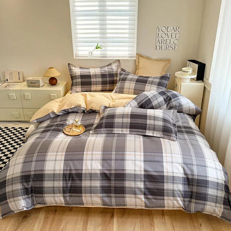 Korean Ins Pink Plaid Duvet Cover Set Queen King Bowknot Print Bedding Set Skin Friendly Soft Comforter Cover Sheets Pillowcases