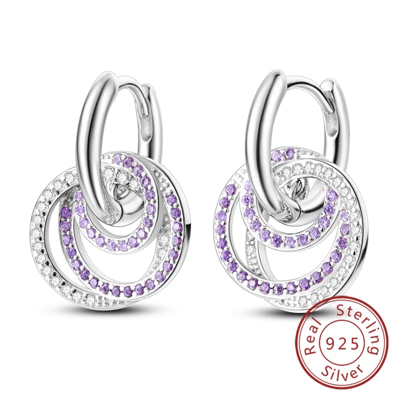 New Original 925 Sterling Silver Hoop Earrings Purple Zircon Flowers Butterflies Studs Earring For Women Wedding Engagement Gift