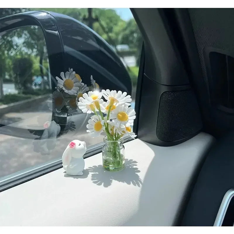 Cute Bunny Car Air Freshener Mini Vase Ornament Auto Center Console Smart Screen Floral Fragrance Pendant Decor