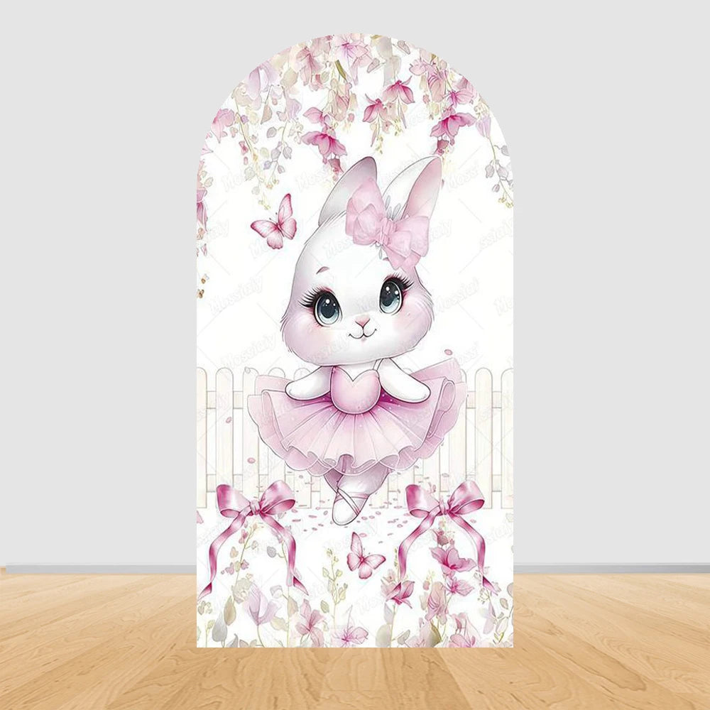 Cute Pink Bow Ballerina Bunny Rabbit Arch Backdrop Cover Flowers Pink Ballet Girl 1st Birthday Party Decor Arch Wall Background