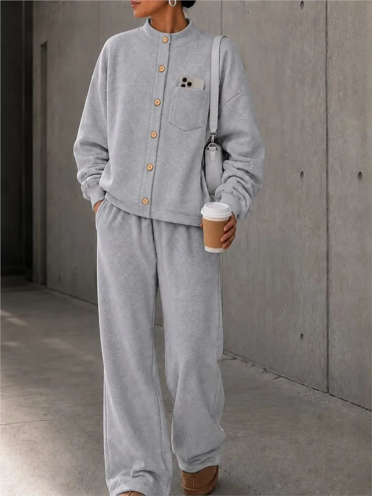 Autumn Women's Single-breasted Button-down Long-sleeved Cardigan Trousers 2-piece Set Casual Retro Wide-leg Trousers Female Suit
