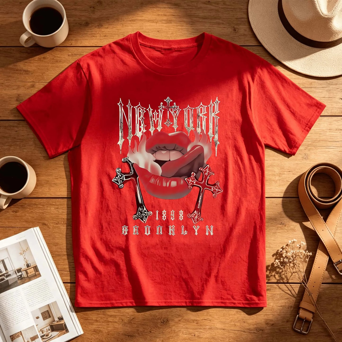 Red Glossy Open Mouth Text Poster Retro 90s Graphic Print T Shirt
