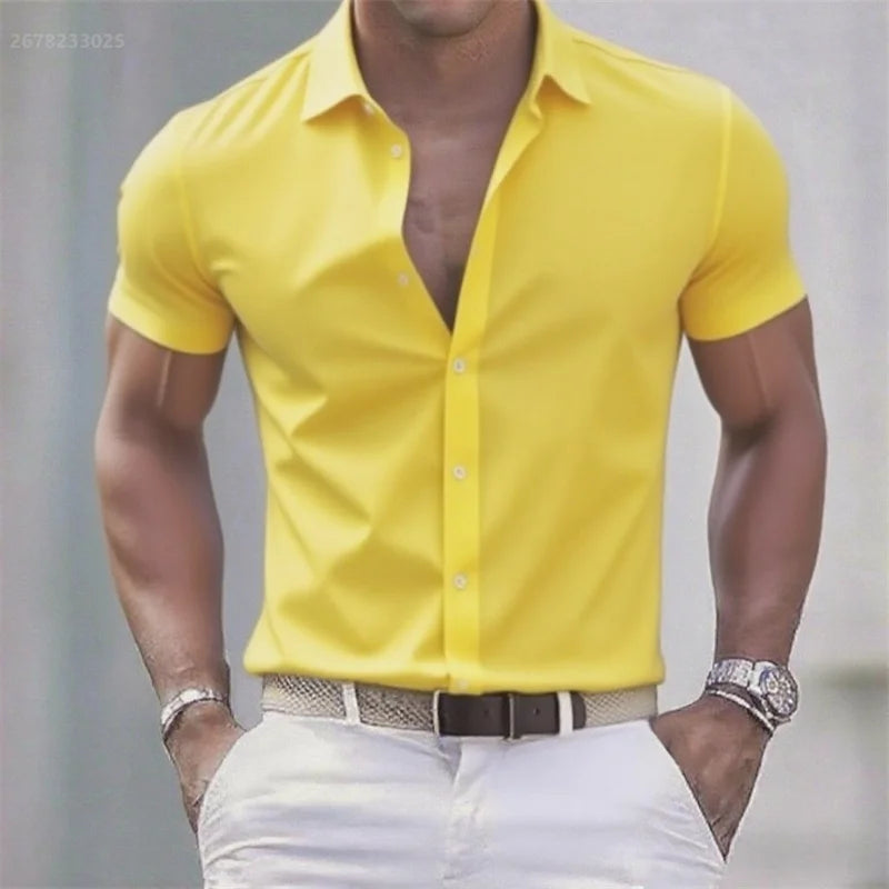 Solid color men's casual shirt, fashionable casual short sleeve stretch fabric, business formal shirt, comfortable fabric