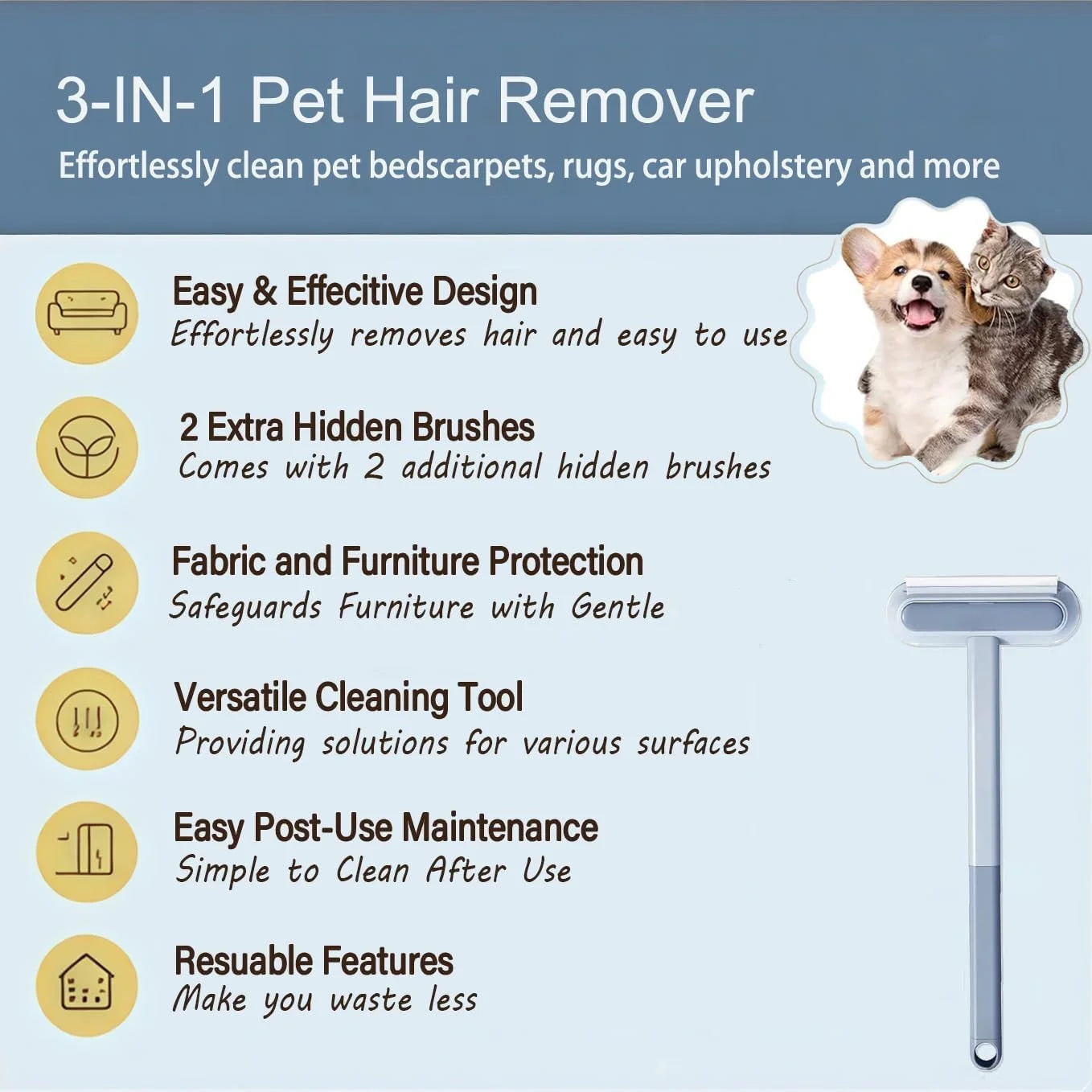 Pet Hair Removal Tool 4-in-1 Hair Removal Furniture Cat Hair Remover for Couch-Pet Hair Removal Car Cloth Furniture Carpet Bed